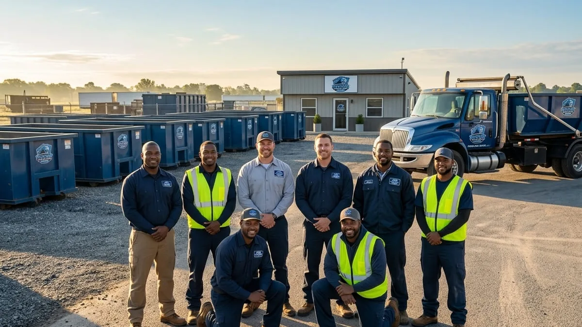 The Panther Dumpster Rental team with a roll-off truck and container in Chesapeake, VA