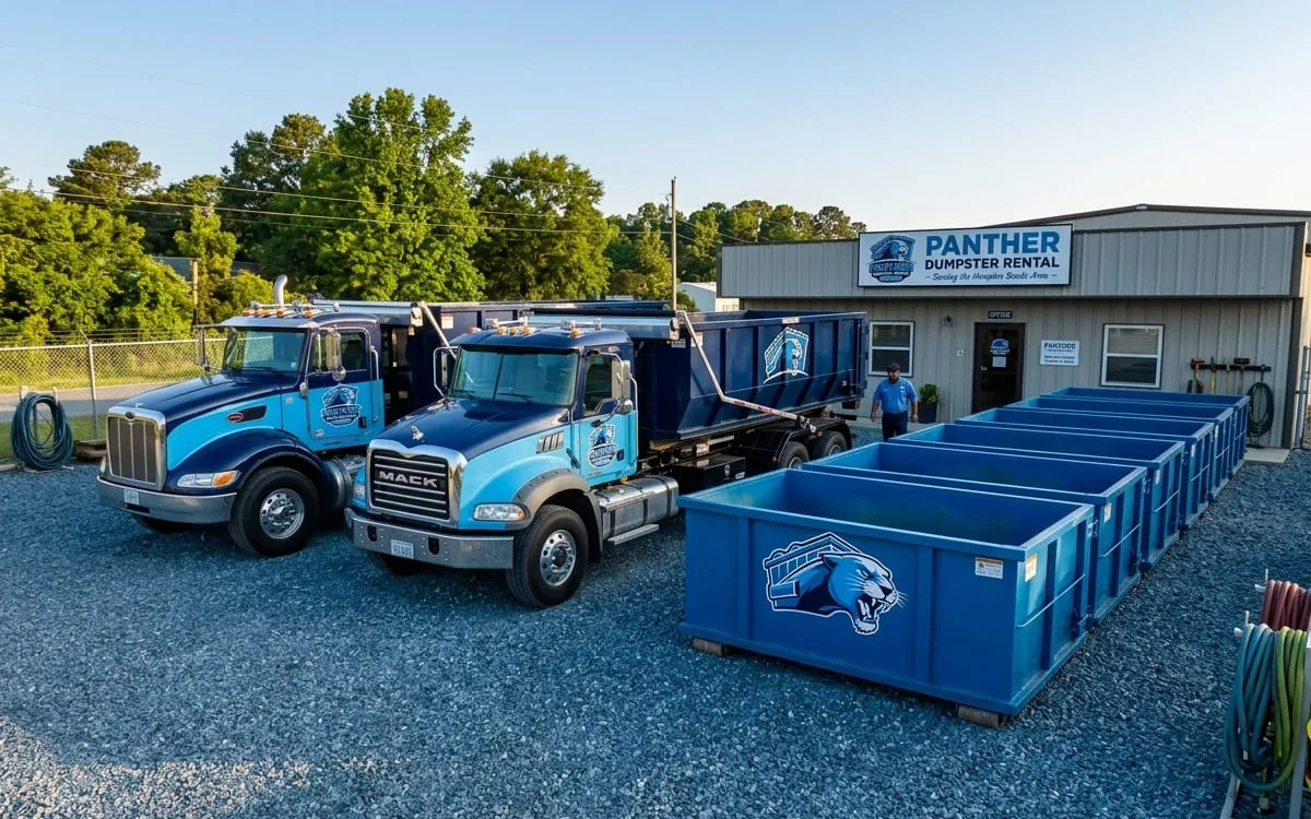 Panther Dumpster Rental roll-off truck and blue container on a Chesapeake, VA street