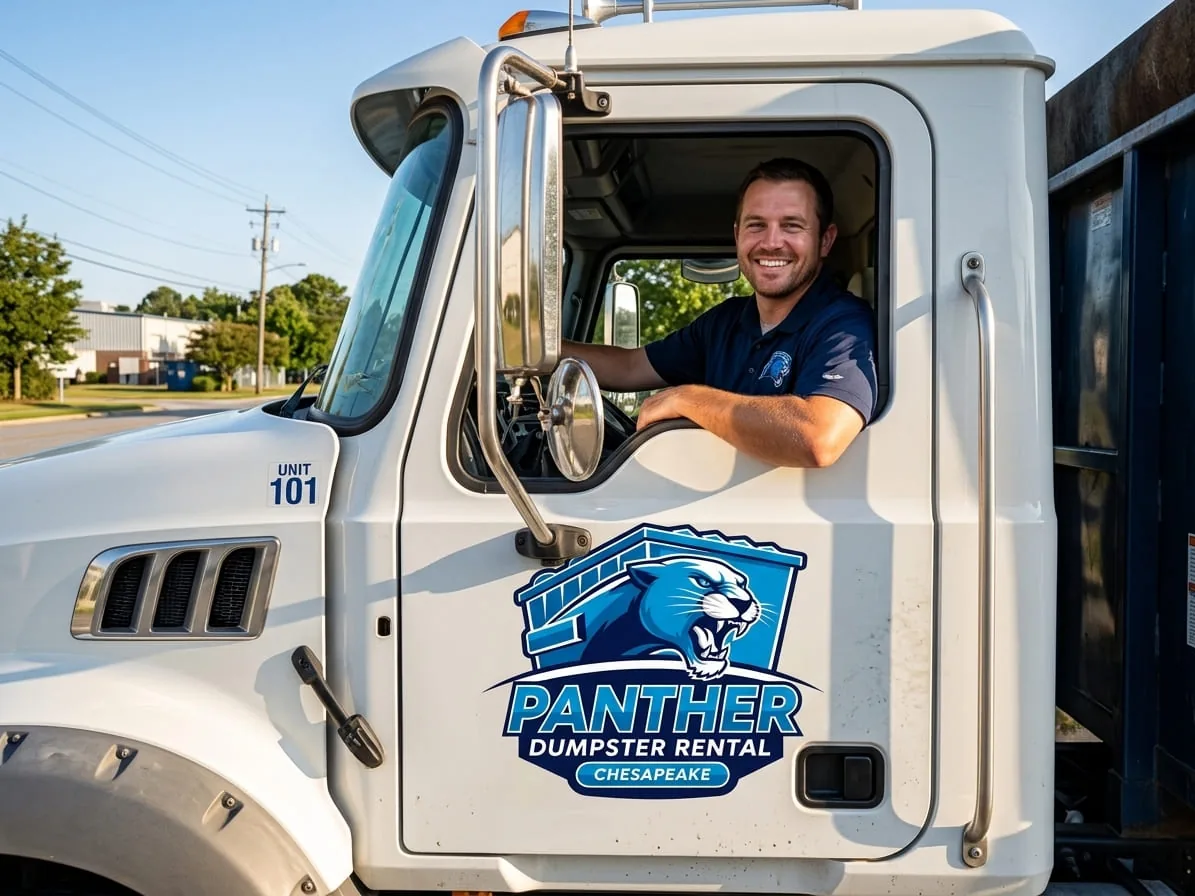 Panther Dumpster Rental roll-off truck working in Chesapeake, VA